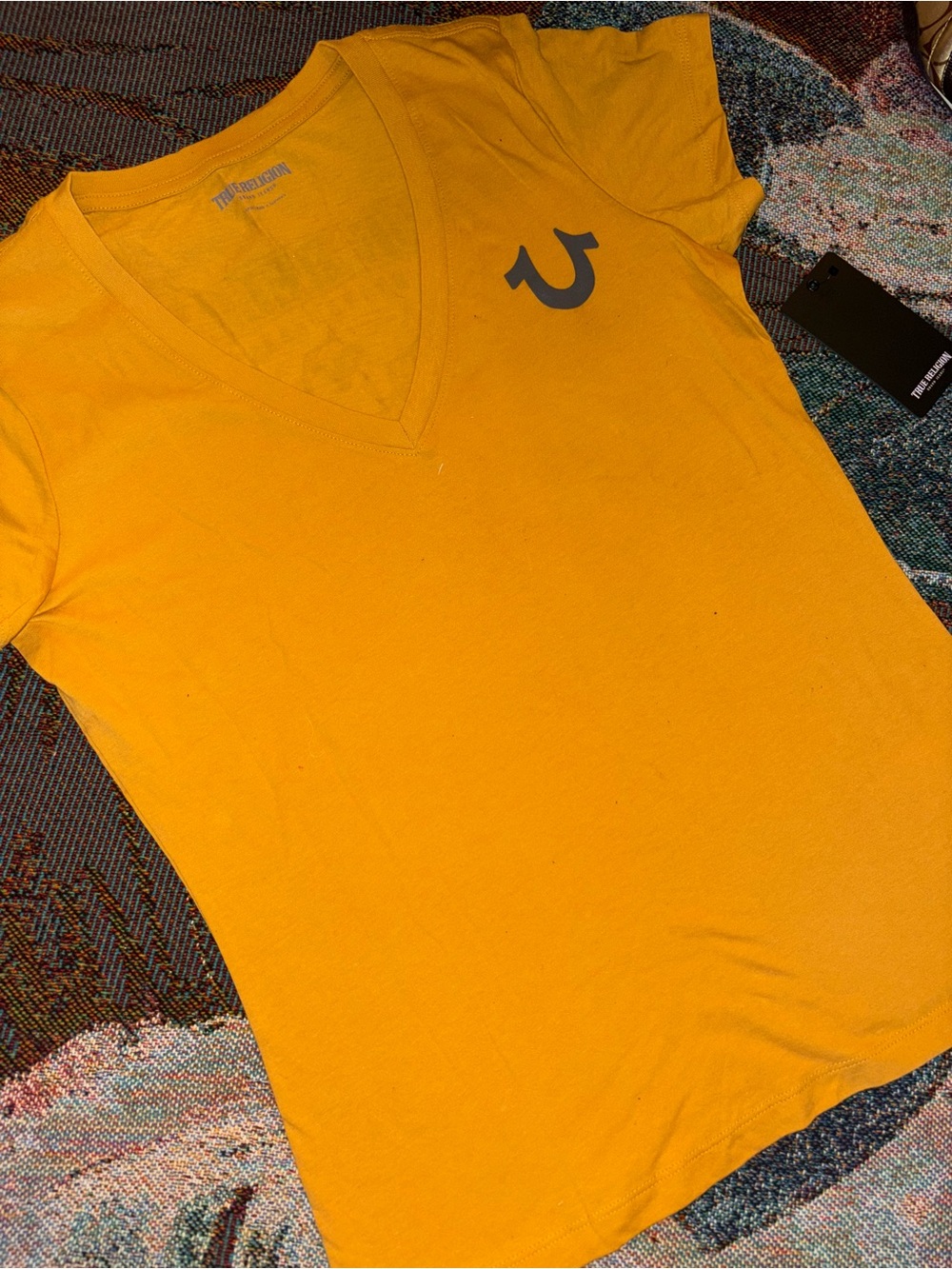 True Religion Women's Golden Yellow V-Neck Logo Tee